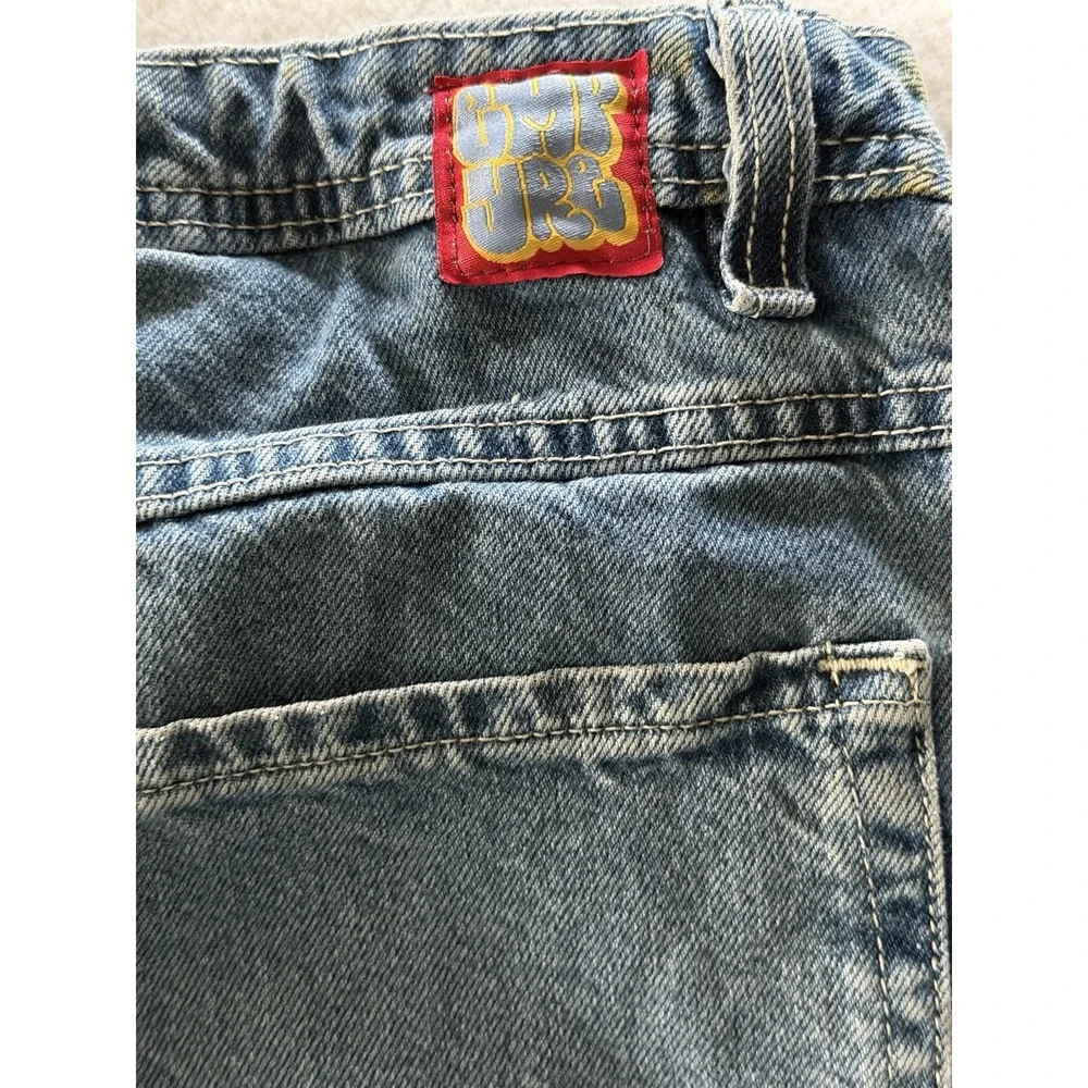 Vintage 90's Empyre Men's Blue Denim Patch Jorts Baggy Skater Grunge Size 30